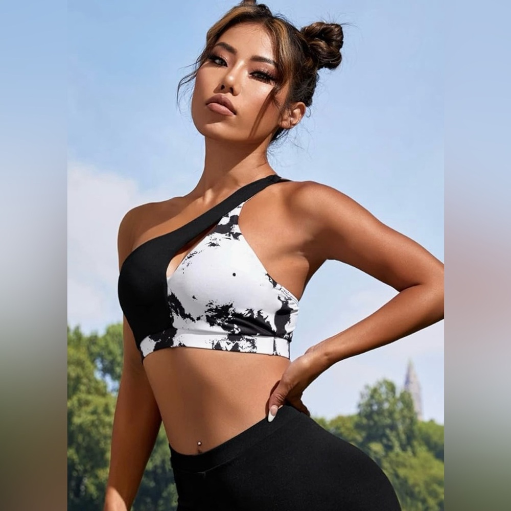 Black and White One-Shoulder Sports Bra - Picture 3 of 7